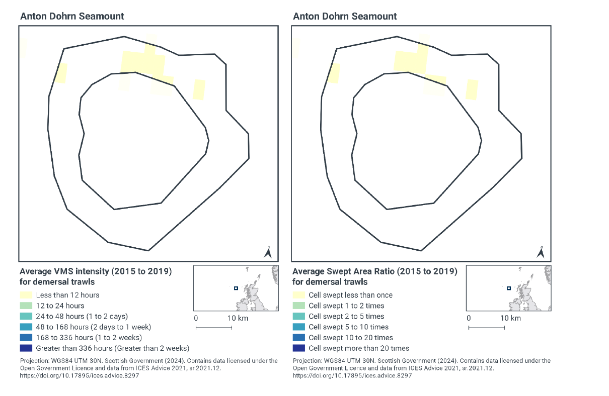 Map on the left: Map of Anton Dohrn Seamount SAC showing less than 12 hours demersal trawl activity per year in the northern parts of the SAC and none elsewhere.
 Map on the right: Map of Anton Dohrn Seamount SAC showing less than one sweep of demersal trawl activity per year in the northern parts of the SAC and none elsewhere