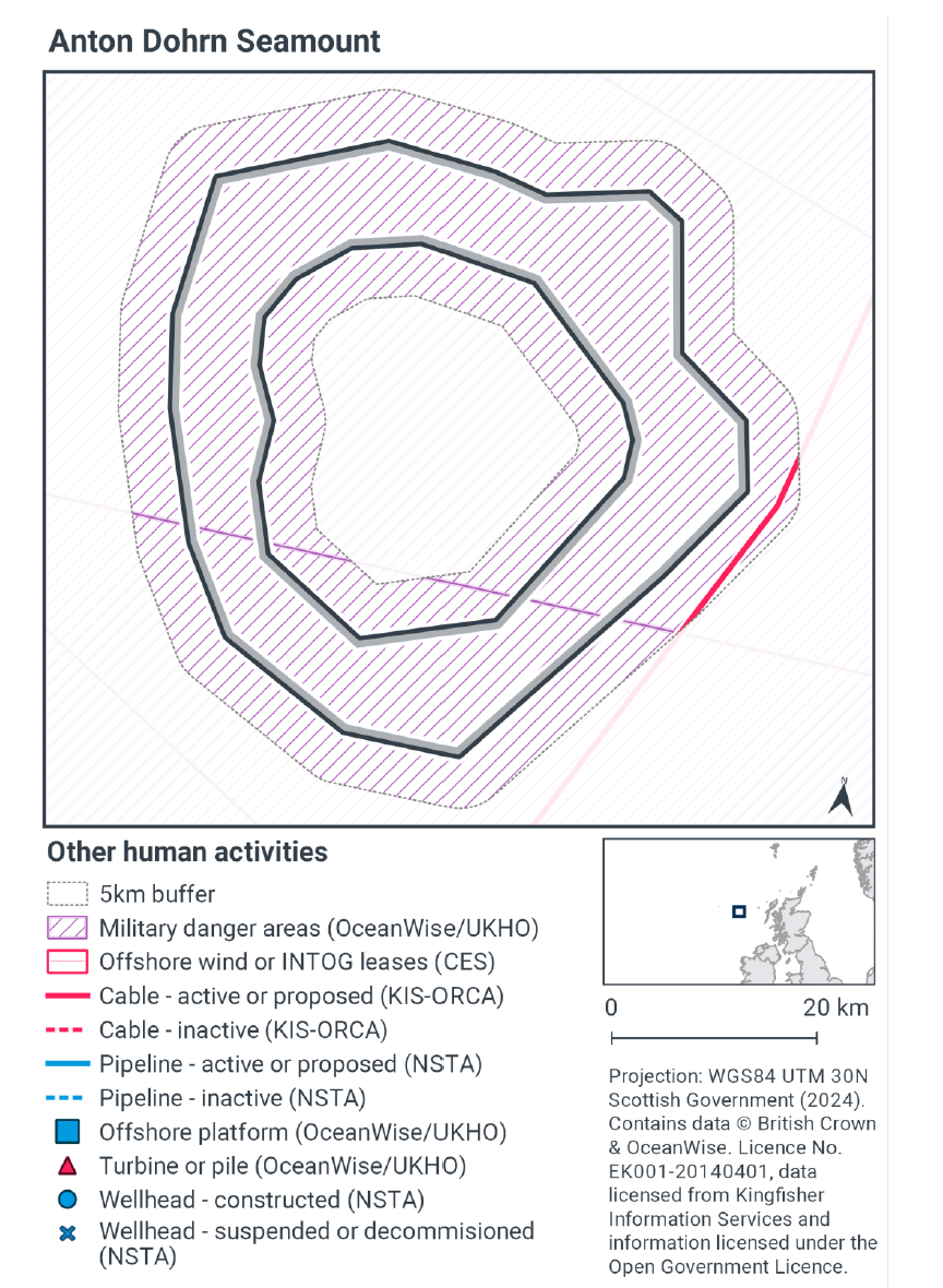 Map of Anton Dohrn Seamount SAC and the 5km buffer surrounding it, showing that the SAC is entirely within a military danger area. An active cable passes through the easternmost edge of the exclusion zone north to south and a pipeline passes through the south of the SAC running east to west.