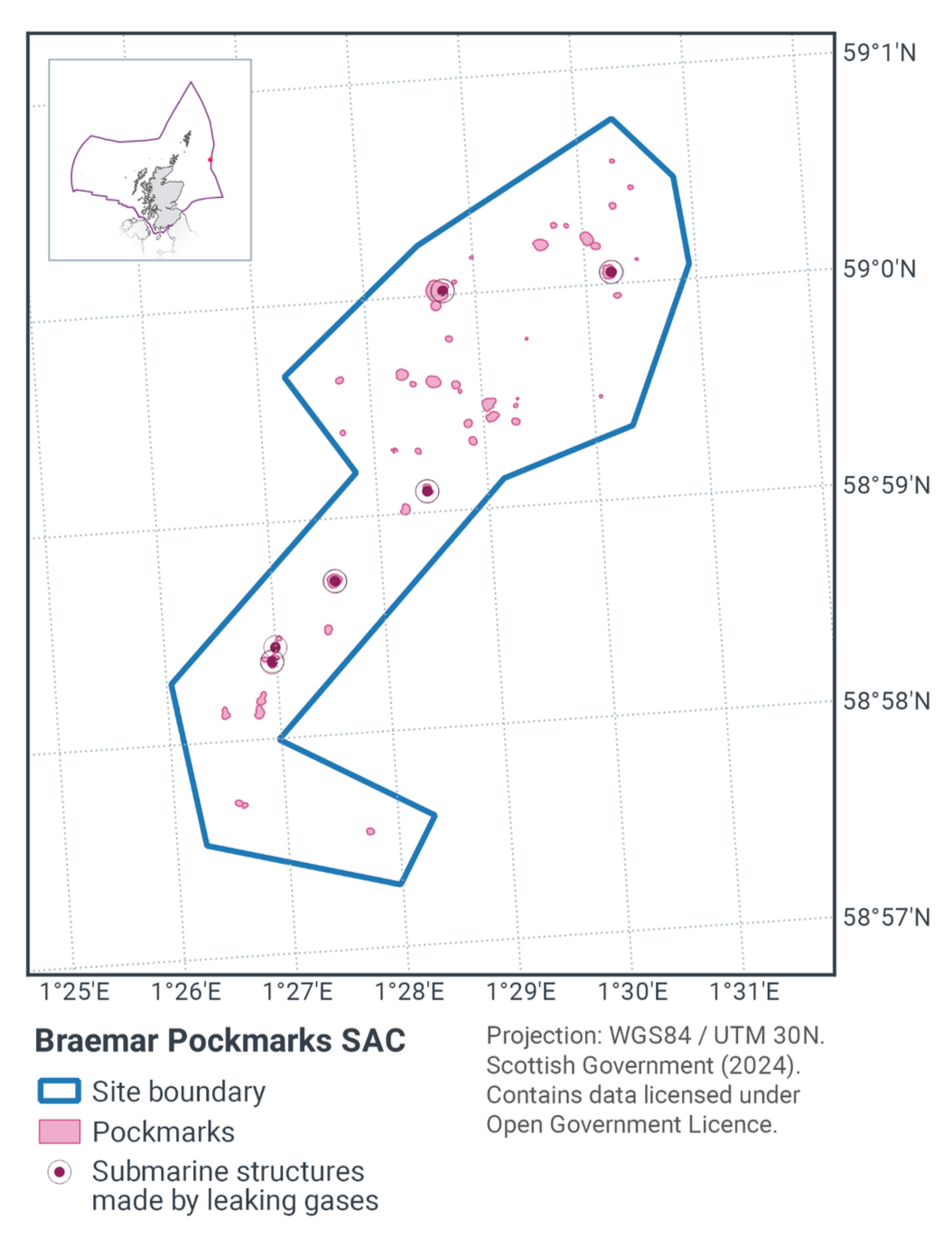 Map of Braemar Pockmarks SAC, significantly east of Orkney between 59°1N 1°26E and 58°57N 1°31E. The boundaries of the SAC encompass an area of pockmarks, with submarine structures made by leaking gases present in the north, and in a higher concentration in the narrower central and southern portion of the SAC.