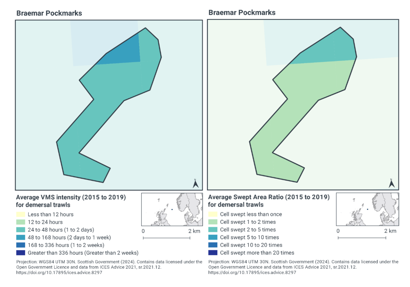 Map of Braemar Pockmarks SAC showing 24-48 hours demersal trawling activity yearly in most of the SAC, with part of the northern area experiencing 48-168 hours yearly. Map of Braemar Pockmarks SAC showing 1-2 sweeps yearly for demersal trawls in most of the SAC, with much of the northern area experiencing 2-5 sweeps yearly.