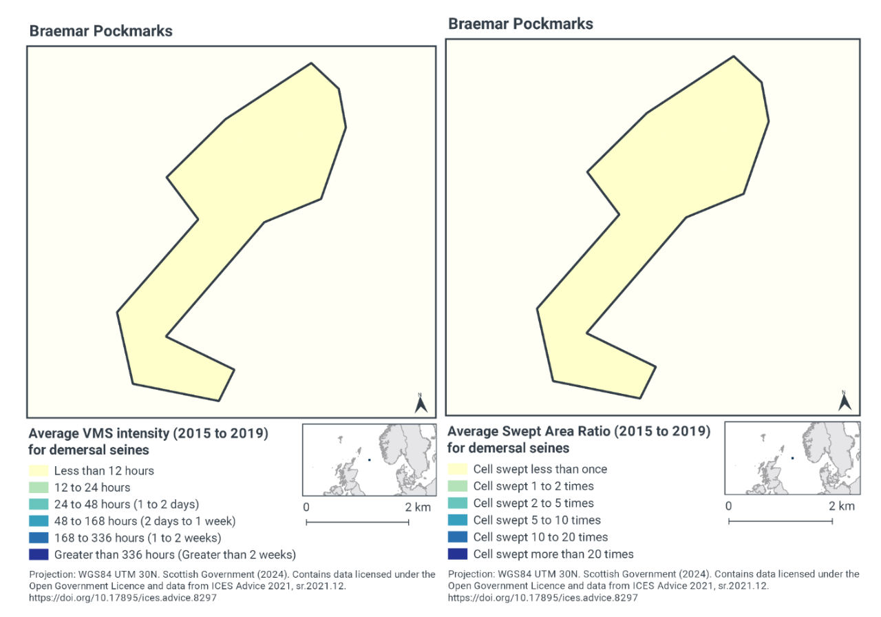 A map of Braemar Pockmarks SAC showing less than 12 hours demersal seine activity per year across the SAC. A map of Braemar Pockmarks SAC showing less than 1 sweep of demersal seine activity per year across the SAC. 