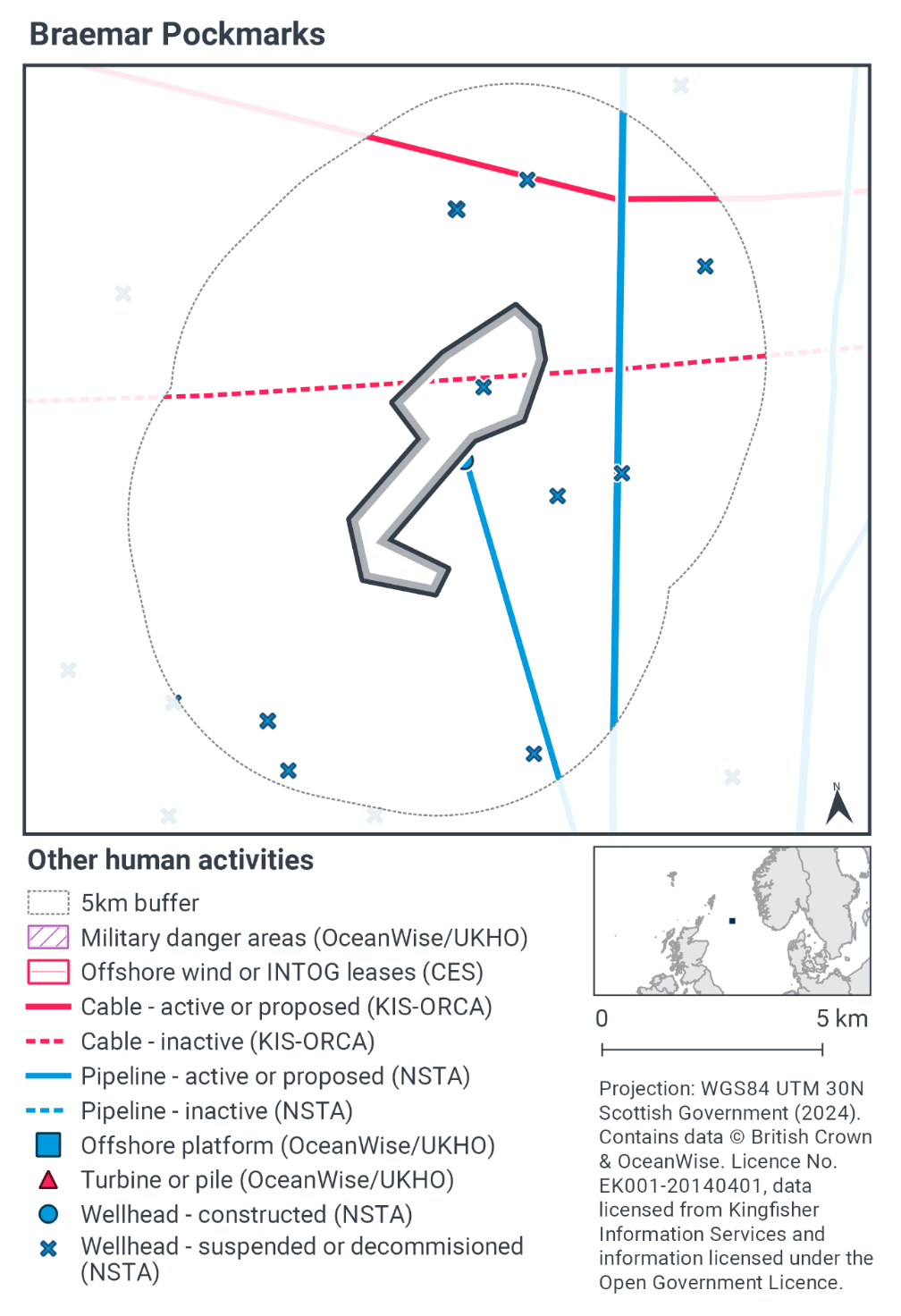A map of Braemar Pockmarks SAC and its 5km exclusion zone, showing a number of inactive wellheads surrounding the SAC, and one inside it. One constructed wellhead sits on the eastern boundary of the SAC with a pipeline running southwest away from the SAC. Another active pipeline runs north to south to the east of the SAC. An inactive cable runs east to west through the northern portion of the SAC, with an active cable running east to west to the north of the SAC. 