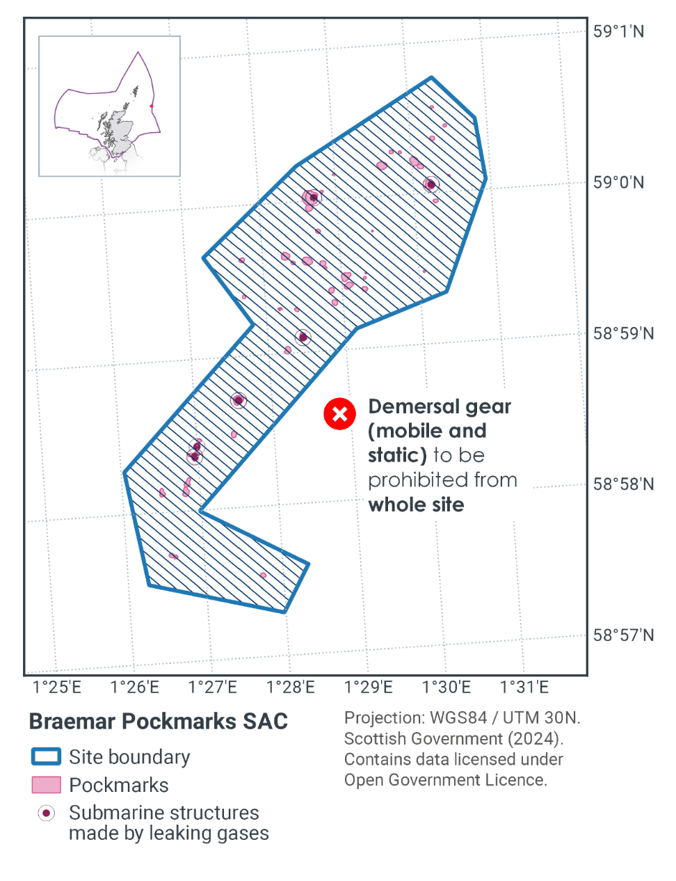 Map of Braemar Pockmarks SAC showing proposed measures prohibiting mobile and static demersal gear across the whole site. 
