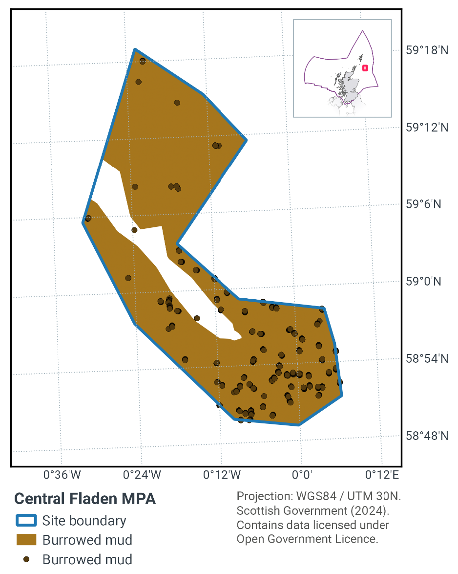 Map of Central Fladen MPA east of Orkney. The MPA has a jagged 'C' shape, and is situated between 59°19N 0°36W and 58°48N 0°11E. The MPA is almost entirely burrowed mud, with a significantly higher concentration of spots of significantly burrowed mud in the southeast of the MPA.