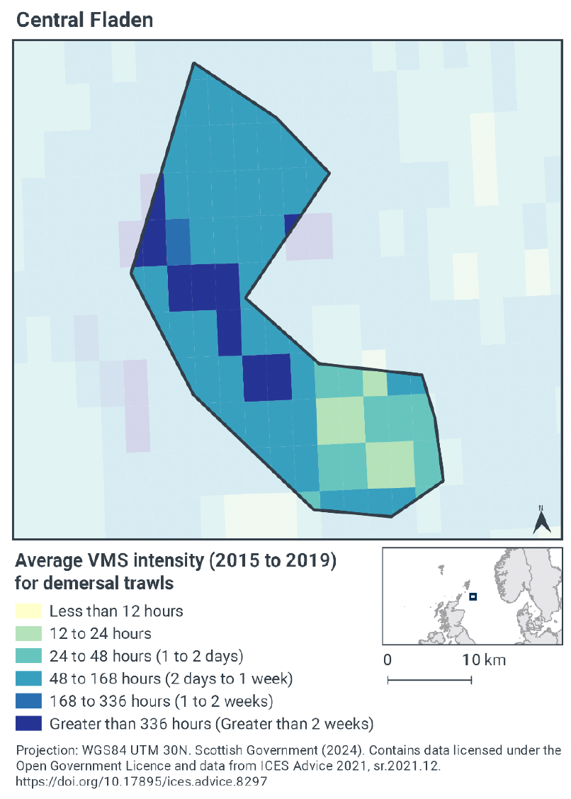Map of the MPA showing the average intensity of time spent demersal trawling. The majority of the site experiences 24-48 hours activity a year, with a lower rate in the southeast, and a rate rising over 336 hours per year in parts of the centre