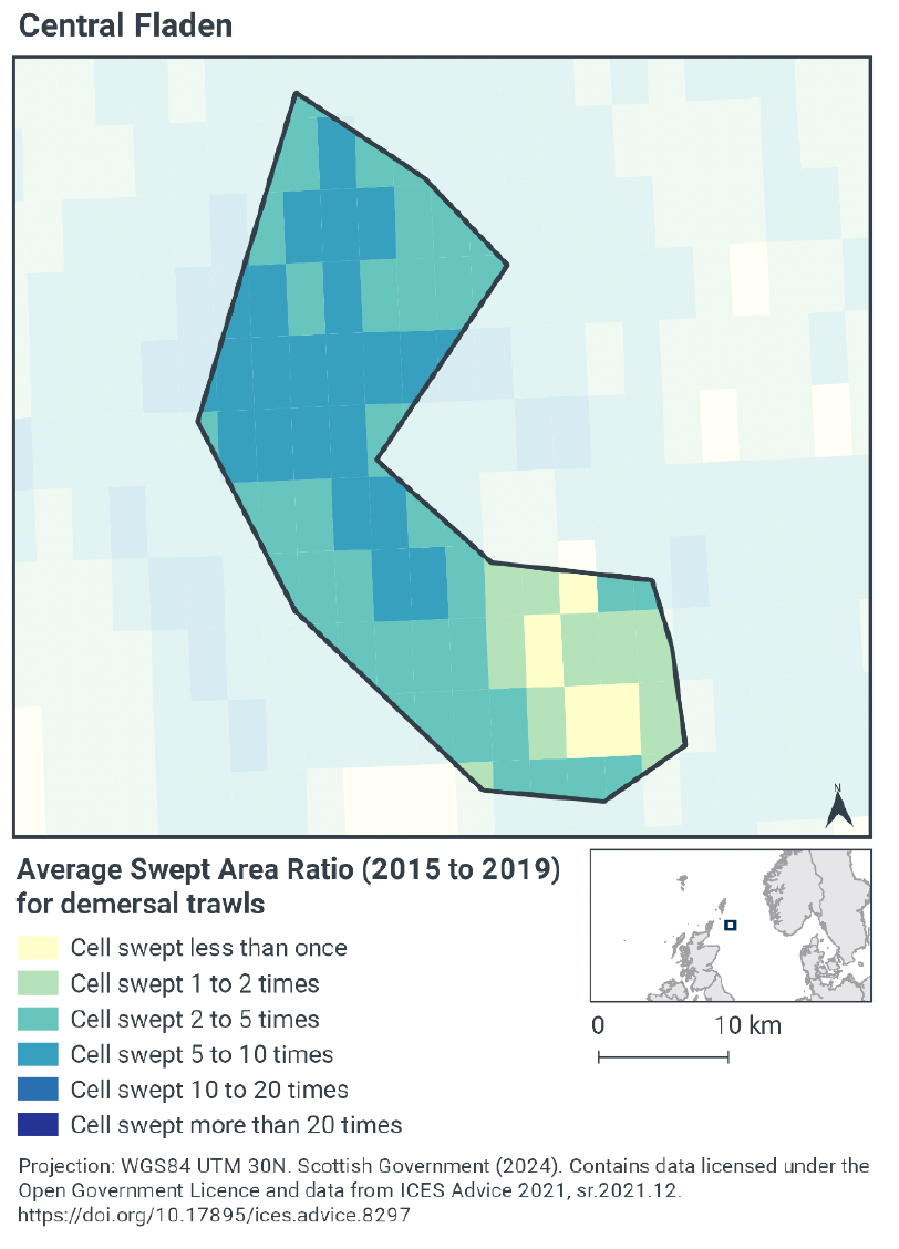 Map of the MPA showing intensity of swept area for demersal trawls. Most of the MPA is swept 2-5 times yearly, however much of the north and centre is swept 5-10 times. In the very southeast this rate drops to 1-2 times and less than once in parts.