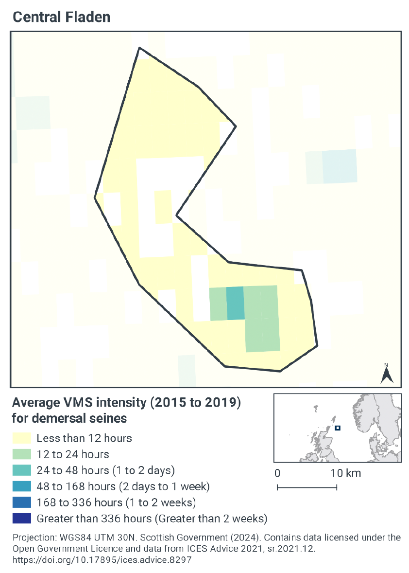 Map of the MPA showing average intensity of demersal seine activity in time fished. Most of the MPA shows less than 12 hours yearly, with some of the centre showing none at all. an area in the middle of the southern end of the MPA shows 12-24 hours, rising to 24-48 in one cell
