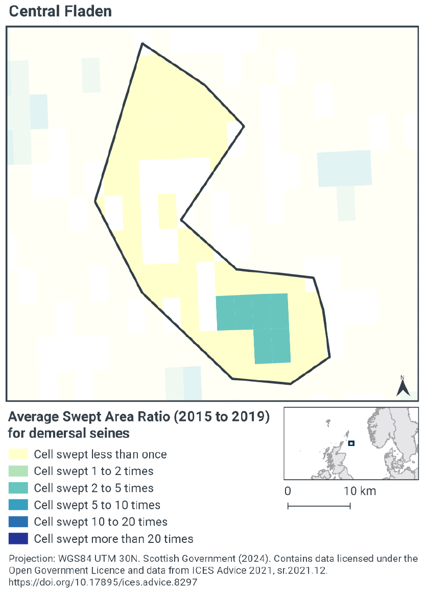 Map of the MPA showing average swept area ratio per year for demersal seines. Most of the MPA is swept less than once a year, with some areas in the centre showing no sweep activity. An area in the centre of the southern portion shows 2-5 sweeps per year.