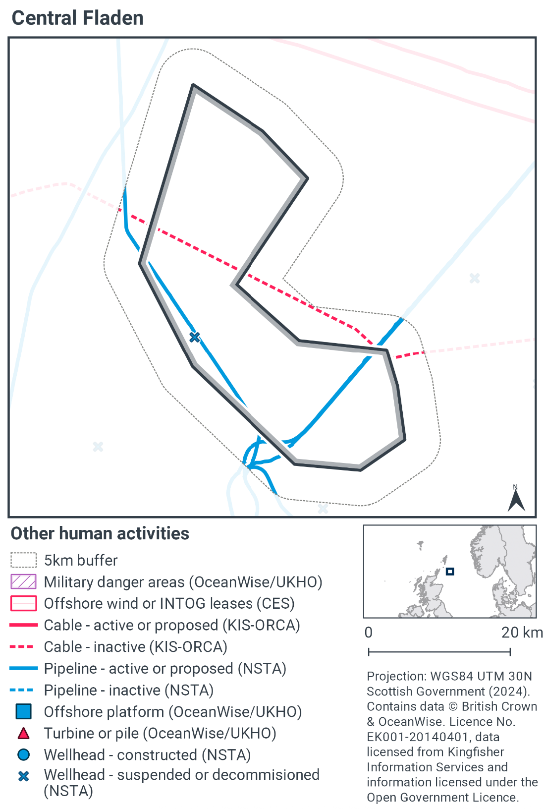 Map of the MPA and the 5km buffer surrounding it. an inactive cable runs through the centre of the MPA from northwest to southeast. An active or proposed pipeline runs through the southwest of the MPA from northwest to southeast, with a suspended or decommissioned wellhead situated along it within the MPA. A further active or proposed pipeline runs southwest to northeast through the south of the MPA. A significant mass of other active pipelines, where the two that pass through the MPA join is situated within the 5km Bufferin the south.