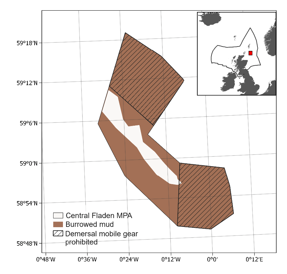 This map shows the Central Fladen MPA with burrowed mud areas depicted in brown. The site is zoned and there are two parts where mobile demersal fishing gear is banned, this is marked with diagonal lines. A small inset shows the location northeast of Scotland