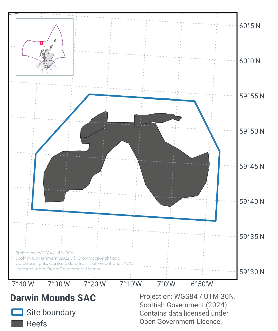 Map of Darwin Mounds SAC, north of Lewis between 59°55N 7°40W, 59°35N 6°25W. The SAC is composed of a roughly arch shaped area of reef, and the immediately surrounding seas. There is some space between the edge of the reef area and the boundary of the site. 