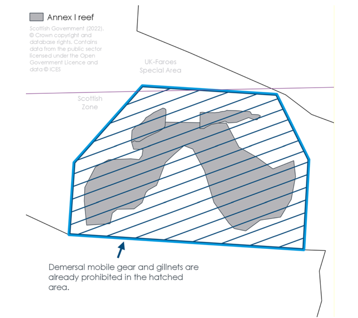 Map of Darwin Mounds SAC showing the whole site is subject to existing fisheries management measures under Regulation (EU) 2019/1241: Darwin Mounds. Text on the map quotes this regulation 'It shall be prohibited to deploy any bottom trawl or similar towed nets within the following area: Darwin Mounds'.