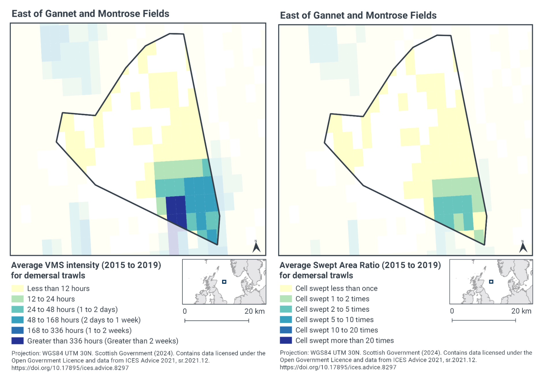 Map of the MPA showing VMS intensity for demersal trawls. Most of the MPA experiences less than 12 hours demersal trawling per year, however in the southeastern tip of the MPA this rate rises to 48-168 hours, with some cells exceeding 336 hours activity. Map of the MPA showing the average swept area ratio for demersal trawls. Most of the MPA shows less than one sweep a year, however in the southeastern tip the rate is higher, peaking at 2-5 times per year