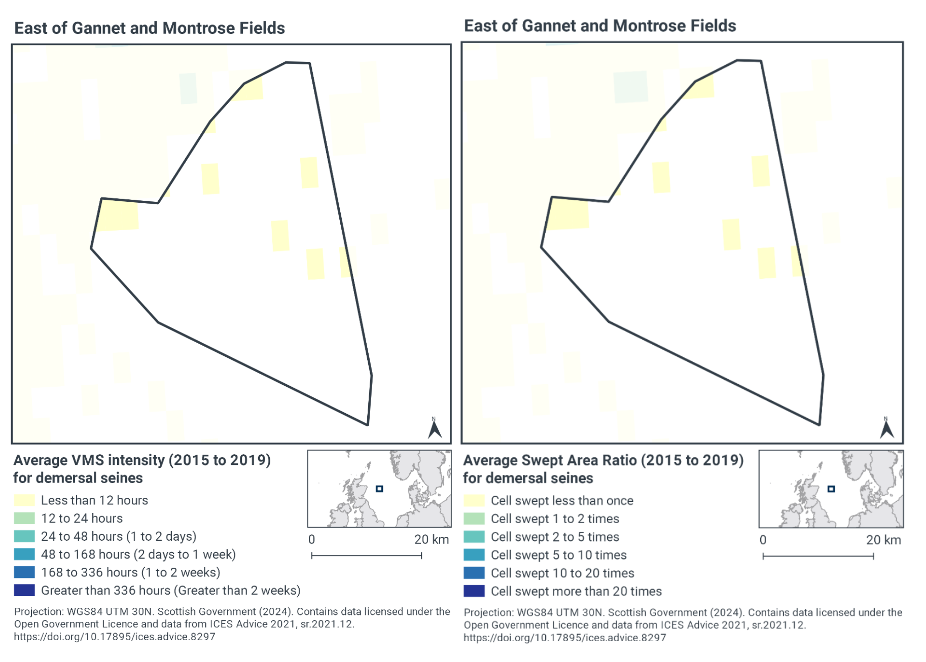 Map of the MPA showing average VMS intensity for demersal seines. Very little of the MPA shows any such activity, with some isolated cells in the north and east showing less than 12 hours per year. Map of the MPA showing average swept area for demersal seines. Very little of the MPA shows any such activity, with some isolated cells in the north and east showing less than 1 sweep per year.