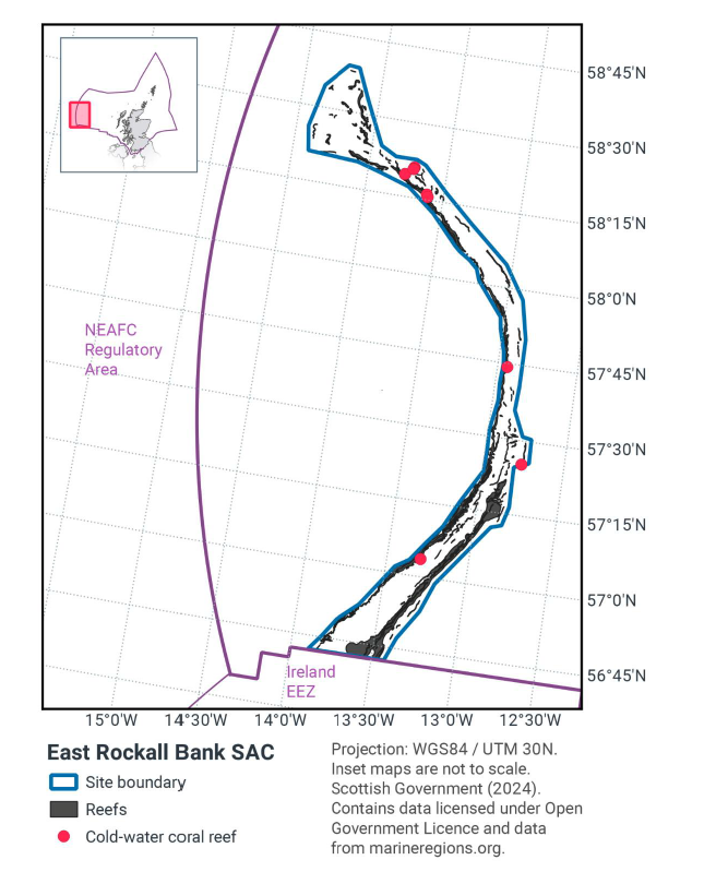 Map of East Rockall Bank SAC, showing the boundaries of the SAC following the edges of a narrow curved area of reef. There are areas of cold-water coral reef along the length of the SAC. East Rockall Bank is located just northwest of the intersection of the Scottish EEZ, the Irish EEZ, and the NEAFC regulatory area. It is between 58°45N 11°30W and 56°40N and 12°40W.