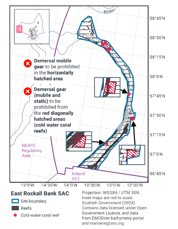A map of East Rockall Bank SAC, indicating an area where demersal mobile gear would be banned encompassing the full SAC. Demersal static gear is indicated to be prohibited in close proximity to and encompassing cold water reefs in the SAC.