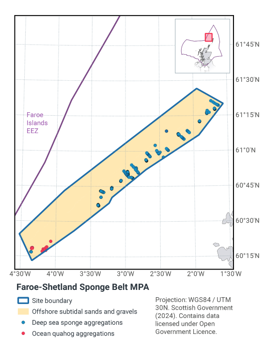 Map of Faroe-Shetland Sponge Belt MPA, a narrow rectangle running southwest to northeast, located north-west of Shetland. It is composed entirely of offshore subtidal sands and gravels, with deep sea sponge aggregations along the eastern edge. There are ocean quahog aggregations in the southern tip.