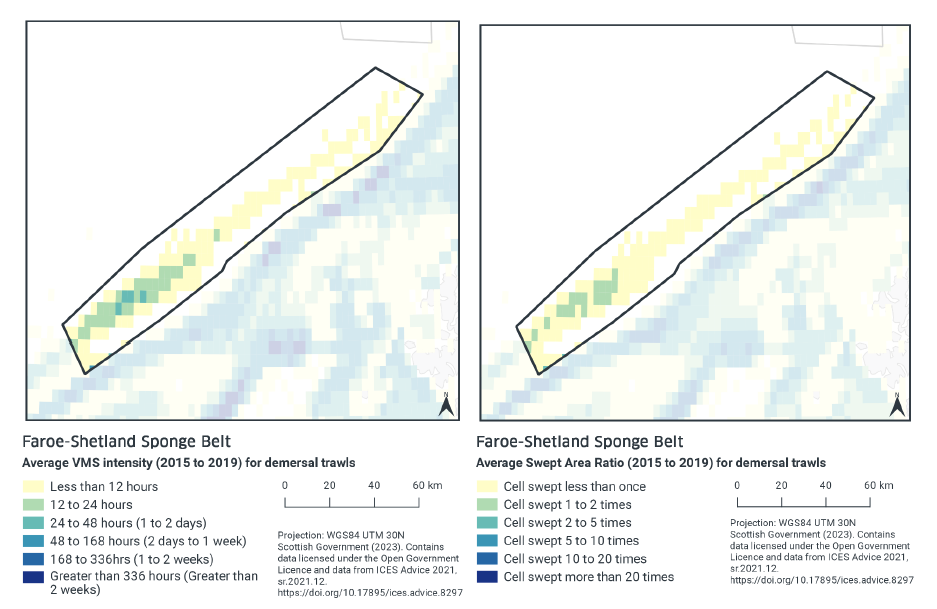 Left: Map showing VMS intensity for demersal trawls in the MPA. The only trawling activity exists in a line running southwest to northeast. In the north trawling occurs in this line less than 12 hours per year. In the south this rate rises to 12-24 hours in, with a peak at 24-48 hours. Right: Map showing average swept area ratio for demersal trawls. The only trawling activity exists in a line running southwest to northeast. In the north the data shows less than 1 sweep per year on this line. In the south this rate rises to 1-2 sweeps per year.