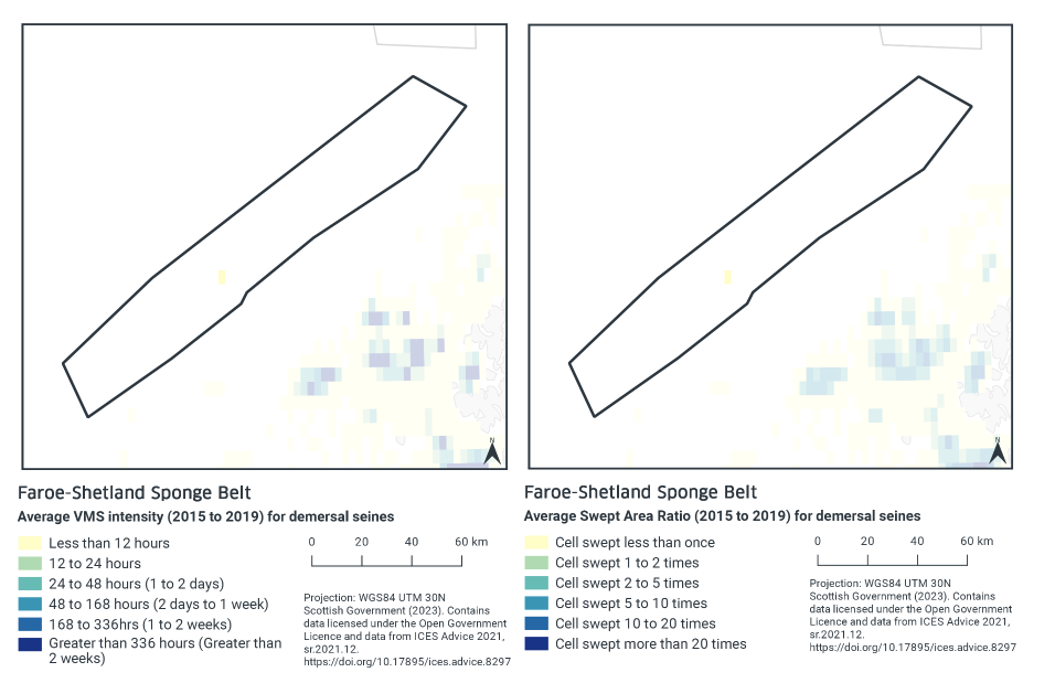 Left: Map showing demersal seine activity by VMS intensity. Only one cell in the whole MPA shows this activity, and at a rate of less than 12 hours per year. Right: Map showing demersal seine activity by average swept area ratio. Only one cell in the whole MPA shows this activity, and at a rate of less than 1 sweep per year.