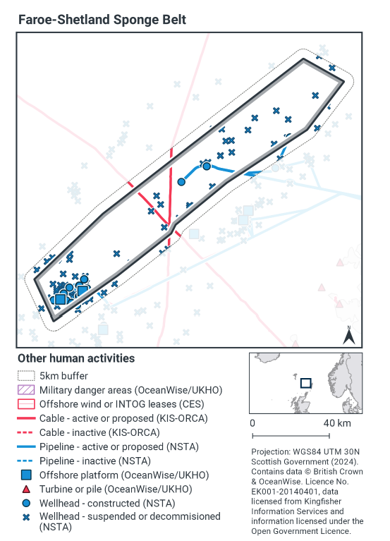 Map showing non-fishing human activity in the MPA. In the south of the MPA there is a cluster of suspended or decommissioned wellheads, alongside constructed wellheads and two offshore platforms. A pipe runs from this cluster southeast out of the MPA. There are other suspended or decommissioned wellheads through the remainder of the MPA, with two constructed wellheads halfway up, with a pipeline running between them and then east out of the MPA. Two active or proposed cables run through the centre of the MPA, coming from the north and northwest, intersecting on the southern boundary of the MPA.