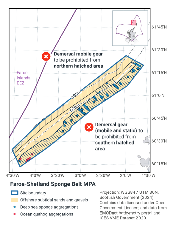 Map showing proposed restrictions on fishing activity. An area running the length of the northern side of the MPA is marked as prohibiting demersal mobile gear. An area running from the southern side is marked as prohibiting all demersal gear (mobile and static). This southern area restricting all demersal gear encompasses all deep sea sponge and ocean quahog aggregations. The only area without restrictions is a small broken band through the middle.