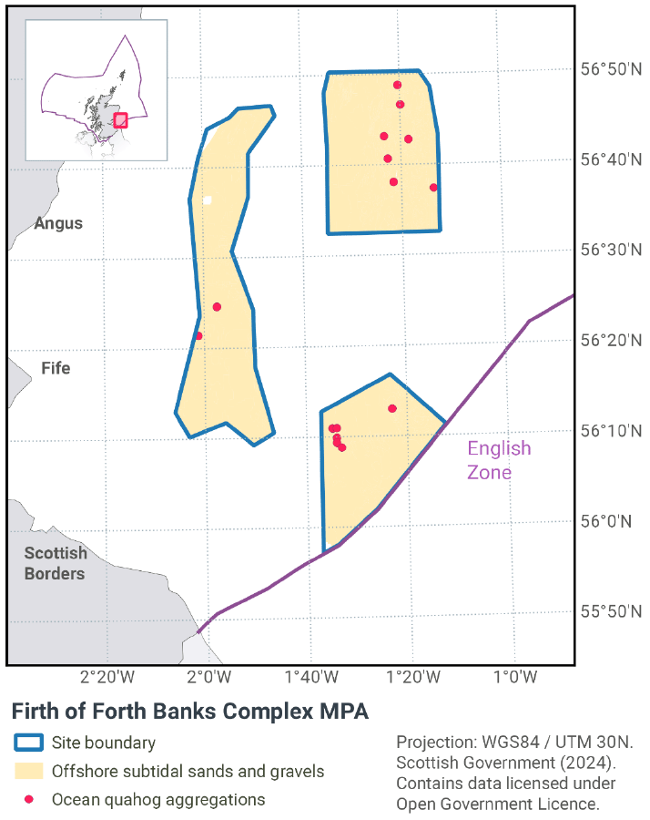 Map showing Firth of Forth Banks Complex MPA just east of Angus, Fife, and the Borders. The MPA is composed of three discrete sectors of subtidal sands and gravels containing Ocean Quahog aggregations between 56°50N 2°10W and 55°55N 1°10W.