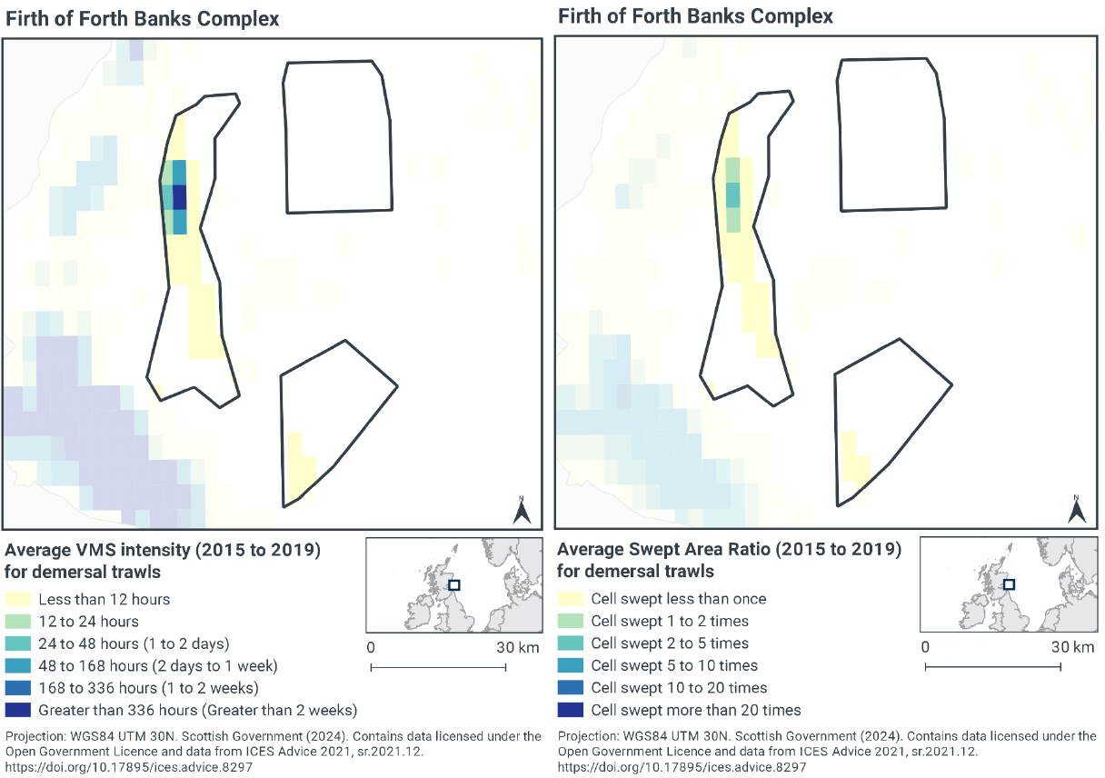 Map of demersal trawl activity in the MPA by VMS intensity. There is no activity in the northern sector, there is less than 12 hours of activity per year in the southern tip of the southern sector. In the western sector there is the most activity, with around 50% of the sector getting 12 hours or less and an area in the central north with a rate rising to over 336 hours of activity per year. Map of demersal trawl activity in the MPA by average swept area ratio. There is no activity in the northern sector, there is less than 1 sweep per year in the southern tip of the southern sector. In the western sector there is the most activity, with around 50% of the sector getting 1 sweep or less and an area in the central north with a rate rising to 2-5 sweeps per year.
