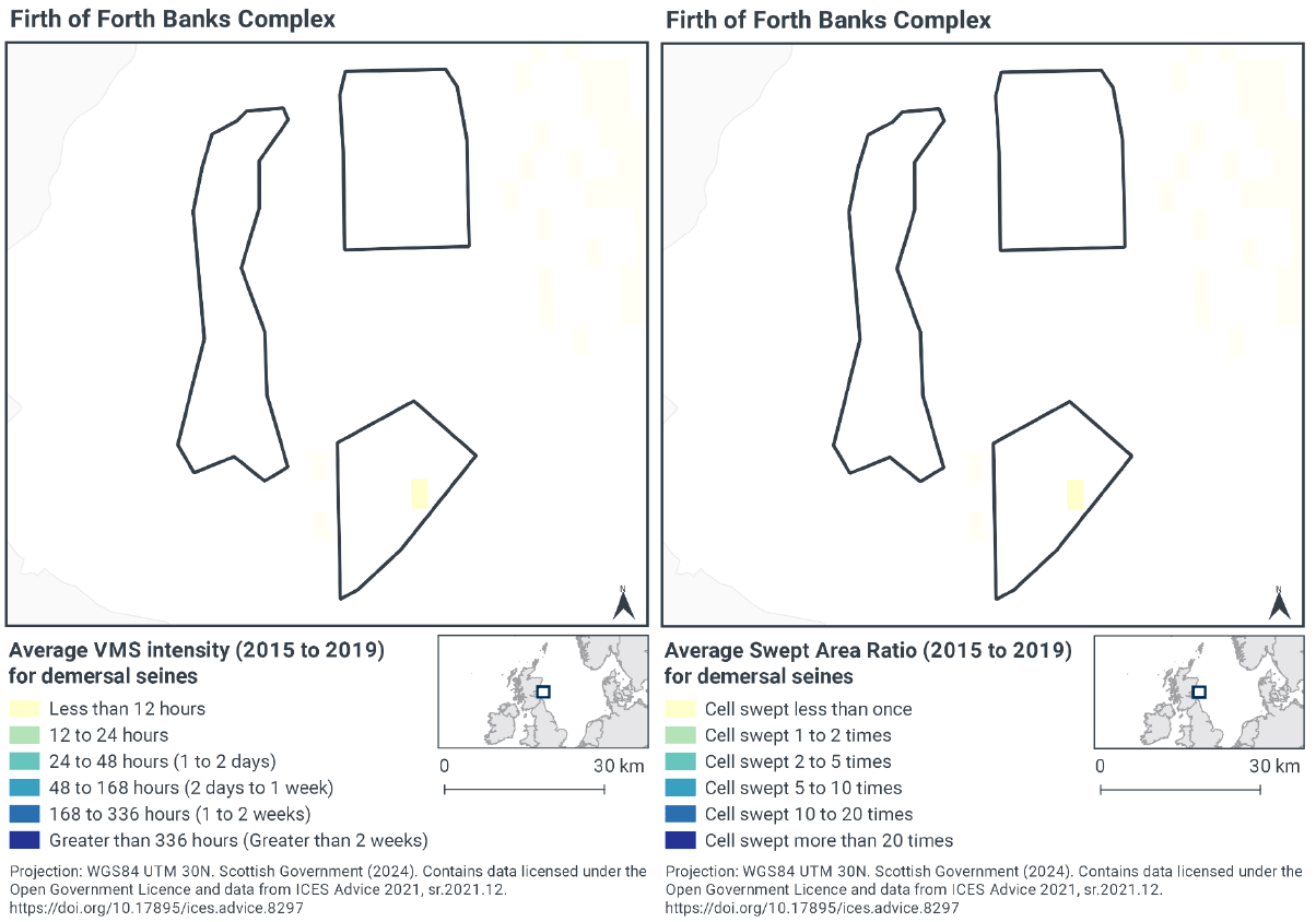 Map of demersal seine activity in the MPA by VMS intensity. The only Seine activity tracked this was a cell with less than 12 hours activity per year in the east of the southern sector. Map of demersal seine activity in the <abbr title=