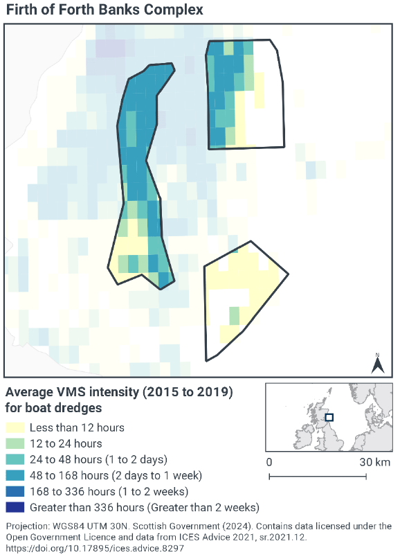 Map of dredging in the MPA by VMS intensity. There is the least activity in the southern sector, where the rate is typically 12 hours or less a year. The western sector and the west of the northern sector are part of a wider area of high activity off the Angus coast, with rates rising as high as 48-168 hours per year.