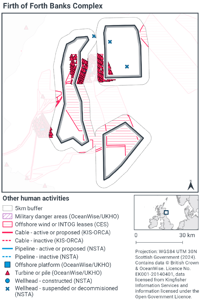Map of non-fishing human activity in the MPA. There are two suspended or decommissioned wellheads in the northern sector. Offshore wind or INTOG leases exist in the north and east of the southern sector and throughout the centre and east of the western sector. A large area of turbines or piles spans between the north of the western sector and the southwest of the northern sector.