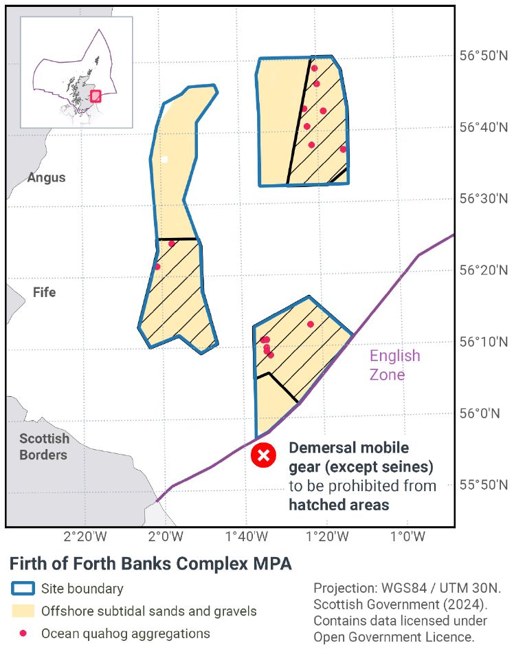 Map showing proposed restrictions on fishing. The southern sector would be closed to demersal mobile gear (except seines) in all areas but the southern tip. The southern half of the western sector would have the same restrictions, as would the eastern half of the northern sector. These restrictions would cover all ocean quahog aggregations.