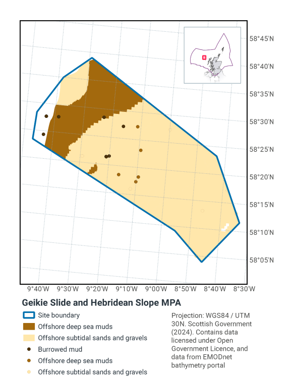 Map of Geikie Slide and Hebridean Slope MPA west of Lewis. It is a somewhat rectangular running from northwest to southeast. It is located between 58°40N 9°50W and 58°00N 8°30W. It encompasses an area of offshore subtidal sands and gravels, with a band of offshore deep sea muds in the northwest. There is burrowed mud throughout the northwestern-most parts of the MPA
