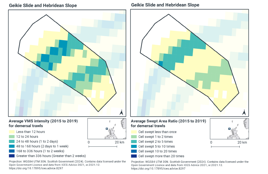 Left - Map of the MPA showing no demersal trawl activity in the north-westernmost area of the MPA, and less than 12 hours across much of the remainder, with the exception of two bands of higher activity which pass across the centre of the MPA southwest to northeast. In these bands the rate is largely 24-48 hours of trawling per year, with some points rising as high as 48-168 in the northern band. Right - Map of the MPA showing no demersal trawl activity in the north-westernmost area of the MPA, and less than 1 sweep per year across much of the remainder, with the exception of two bands of higher activity which pass across the centre of the MPA southwest to northeast. In the southern band 1-2 sweeps per year is experienced, in the northern band 2-5 sweeps per year is experienced