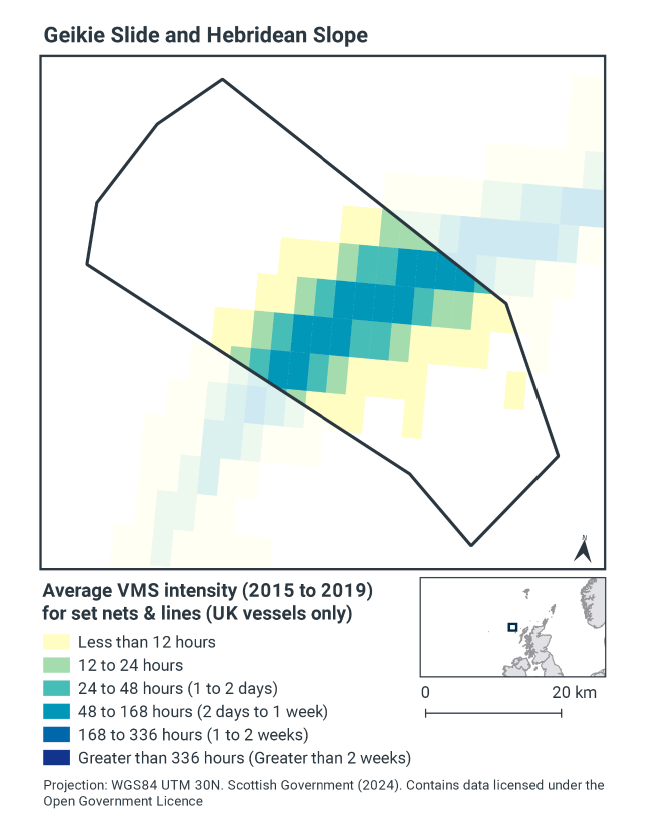 Map of the MPA showing no set net and line activity across most of the MPA, with one band of higher activity passing through the centre running southwest to northeast. The intensity of fishing on the fringes of the band is less than 12 hours per year, in the centre of the band it is 48-168 hours per year.