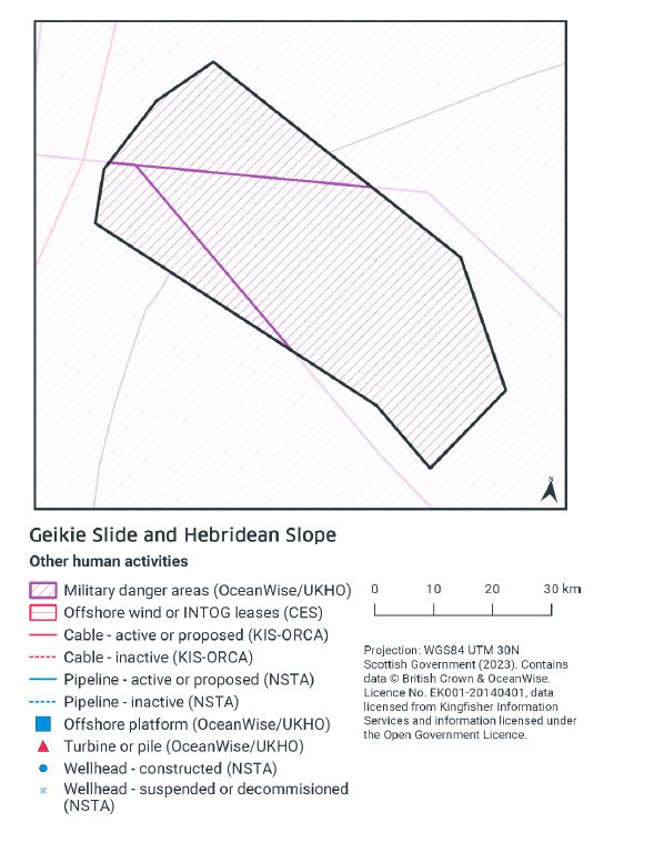 Map shows the MPA falls entirely within a military danger area, with no other human activity noted in the MPA, however a cable does pass to the northwest of the MPA