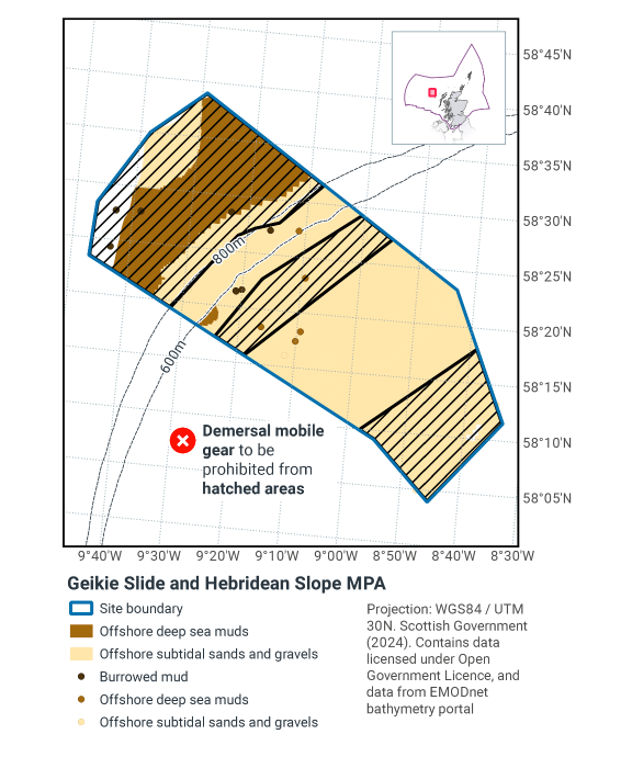 Map of the MPA showing demersal mobile gear to be prohibited from the northwest of the MPA (encompassing all offshore deep muds), through a band in the centre, and from the southeast of the MPA. This encompasses most (but not all) of the burrowed muds