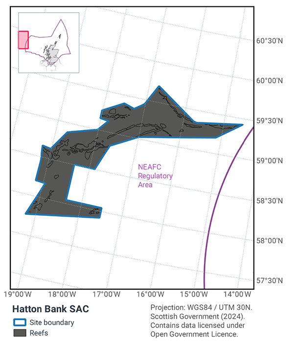Map of Hatton Bank SAC, showing it is just west of the boundary of the NEAFC regulatory area. Its boundaries encompass a jagged 'c' shaped area of reefs. It is located between 59°45N 19°15W and 57°45N 14°30W