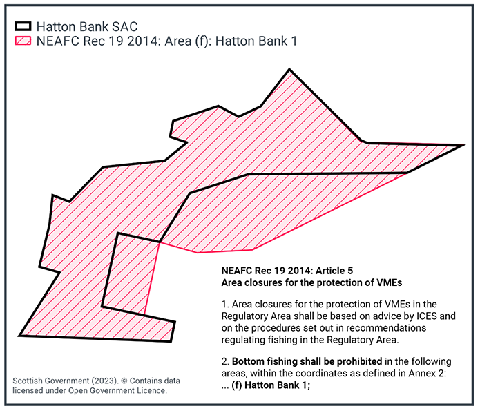 Map showing that Hatton Bank SAC falls entirely within the existing NEAFC fisheries management zone. The existing NEAFC zone prevents all bottom fishing.