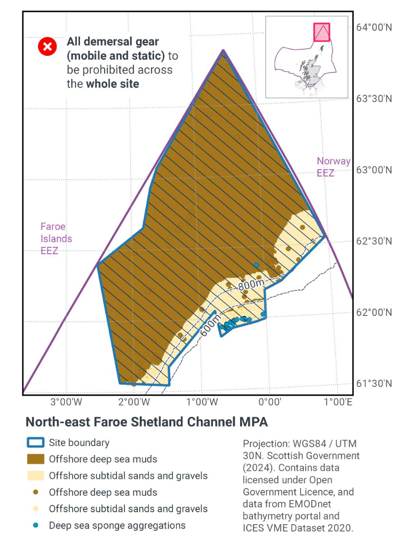 Map showing full site exclusion management measures for North-East Faroe-Shetland Channel.