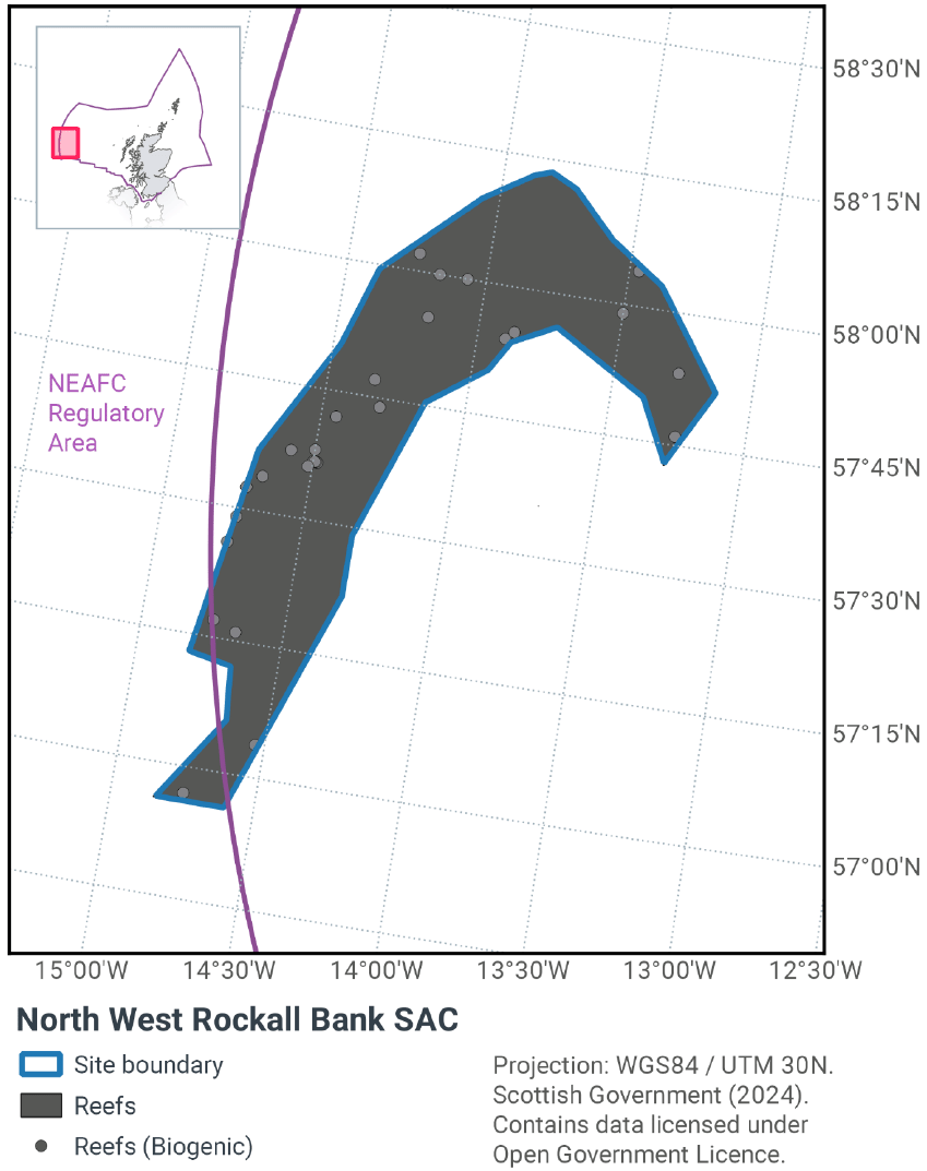 Map of North West Rockall Bank SAC, an arch shaped area with one end at roughly 56°50N, 14°45W; an apex at 58°15N, 13°50W; and the other end at 57°40N, 13°20W. Two small parts of the SAC cross into the NEAFC regulatory area on the west of the SAC. The entire area of the SAC is composed of reef, with a large number of biogenic reefs throughout the SAC, especially in the northwest