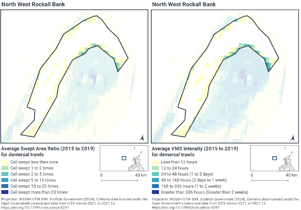 Map of North West Rockall Bank, showing that most of the area is swept less than once a year by demersal trawls, with the eastern edge overlapping with an area of higher intensity fishing, up to 20 sweeps per year at the highest, although no area of the SAC is swept more than 5 times a year. Map of North West Rockall Bank, significantly west of Lewis showing that most of the area experiences less than 12 hours demersal trawling per year, with the eastern edge overlapping with an area of higher intensity fishing, over 336 hours per year at the highest, although no area of the SAC gets more than 168 hours trawling activity a year.