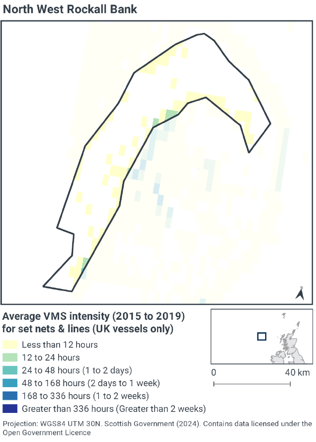 Map of North West Rockall Bank showing less than 12 hours of set net and line activity yearly across much of the SAC, with a slightly higher rate on the central east edge, consistent with the waters just east of this boundary. This higher rate does not exceed 48 hours in any cell including part of the SAC.