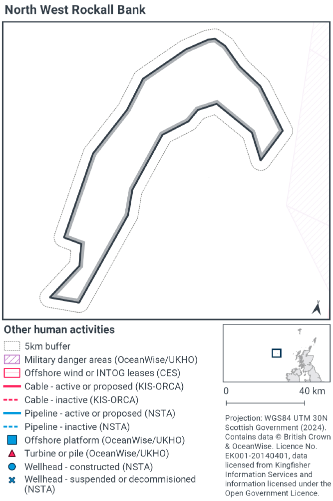 Map of North West Rockall Bank and its 5km buffer zone. No other human activities or human infrastructure exists within this zone. A military danger area exists east of the buffer zone.