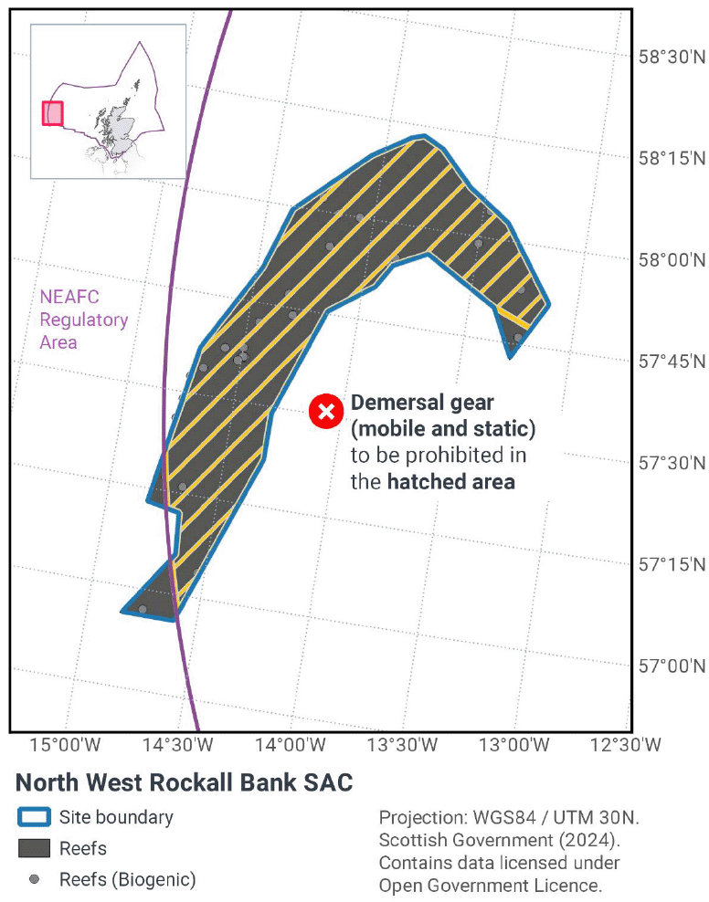Map of North West Rockall Bank indicating that with the exception of two small western parts of the SAC that fall outside Scottish jurisdiction (instead being in the NEAFC regulatory area), both mobile and static demersal gear are to be prohibited from use within the SAC.