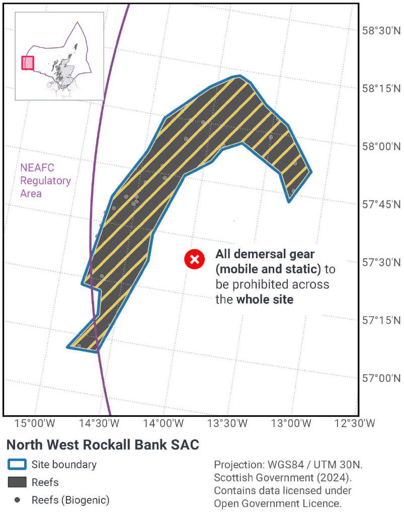Map of North West Rockall Bank indicating that, both mobile and static demersal gear are to be prohibited from use within the whole SAC. (including the parts in the NEAFC regulatory area)