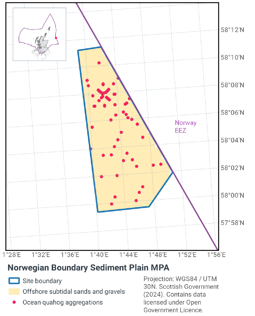 Map of Norwegian Boundary Sediment Plain MPA east of the Moray Firth. The MPA has an elongated pentagonal shape with one face made up by the boundary of the Norwegian EEZ. The site is located between 58°12N 1°38E and 57°59N 1°52E. The site is composed entirely of offshore subtidal sands and gravels, with ocean quahog aggregations throughout the site, with a higher concentration in the north.