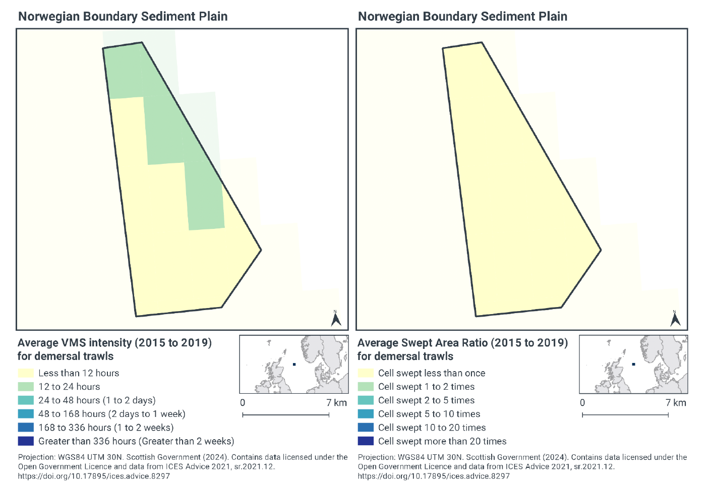 Left image: Map of the MPA showing the average number of demersal trawl fishing hours per year. Most of the MPA experiences less than 12 hours of this activity yearly, with the northeastern parts of the MPA (along the boundary of the Norwegian EEZ) experiencing 12-24 hours of this activity yearly
 Right image: Map of the MPA showing that on average the entire site is swept less than once a year by demersal trawls