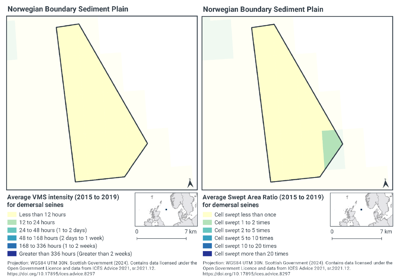 Left image: Map of the MPA showing the entire site experiences less than 12 hours demersal seine activity per year on average
 Right image: Map of demersal seine activity in the MPA by swept area ration. Most of the MPA is swept on average less than once a year, with a small area in the southeast swept 1-2 times a year
