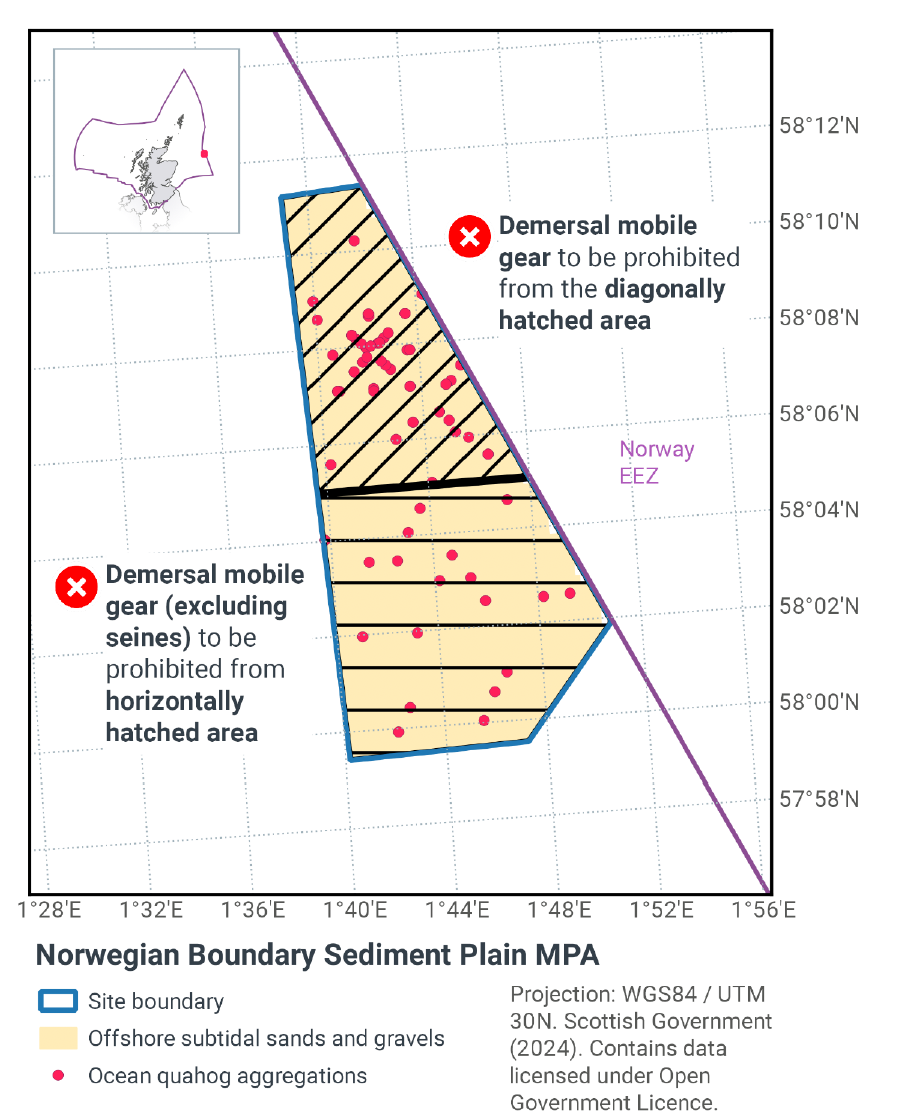 Map of the MPA showing all demersal mobile gear to be prohibited from the northern half of the MPA (where the greater concentration of ocean quahogs exist). The southern area is marked as prohibiting all mobile demersal gear except for demersal seines