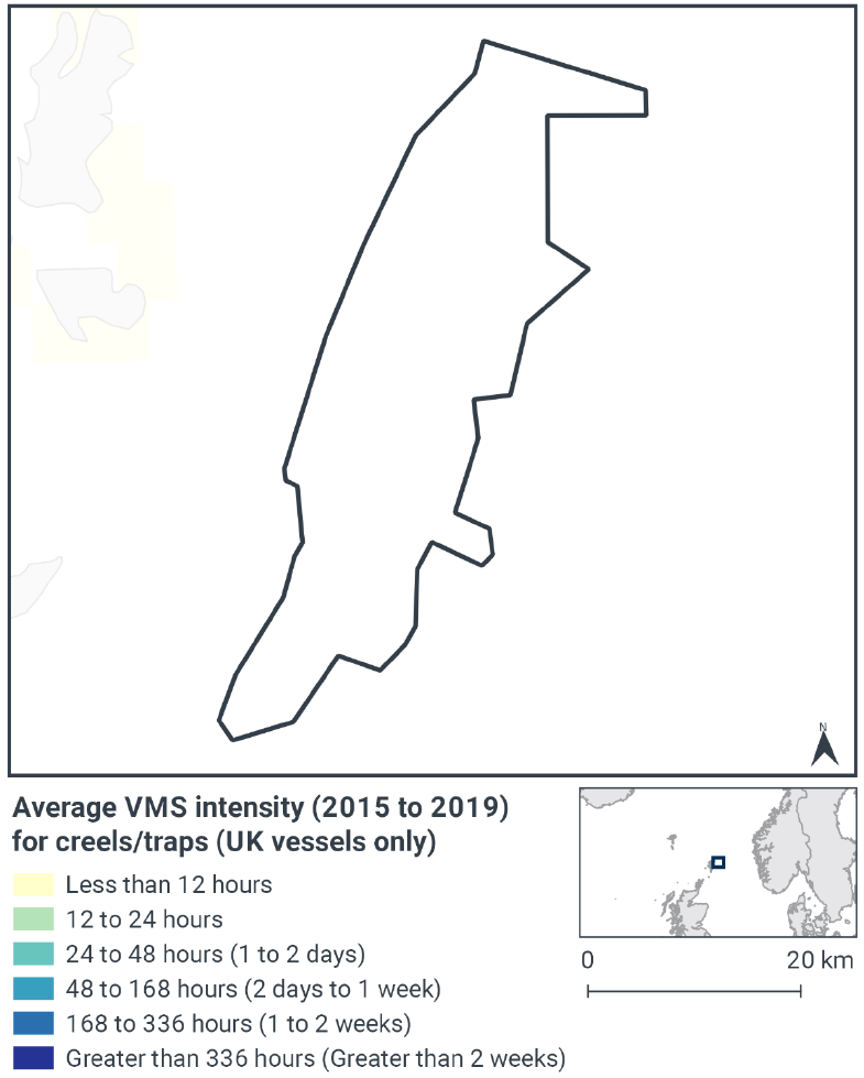 Map showing there was no recorded creel and trap activity in Pobie Bank from 2015-2019, the only creel and trap activity in the vicinity was around the islands to the west.